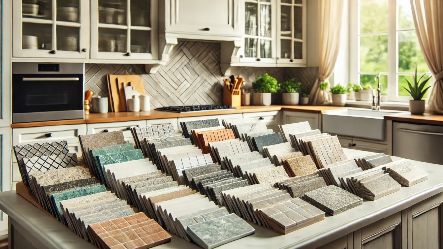 Close-up of various kitchen backsplash materials such as tile, glass, and stone samples, displayed on a countertop.