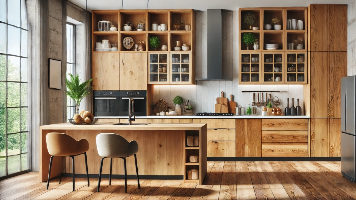 Modern kitchen with a variety of wood kitchen cabinets featuring oak, maple, and walnut finishes