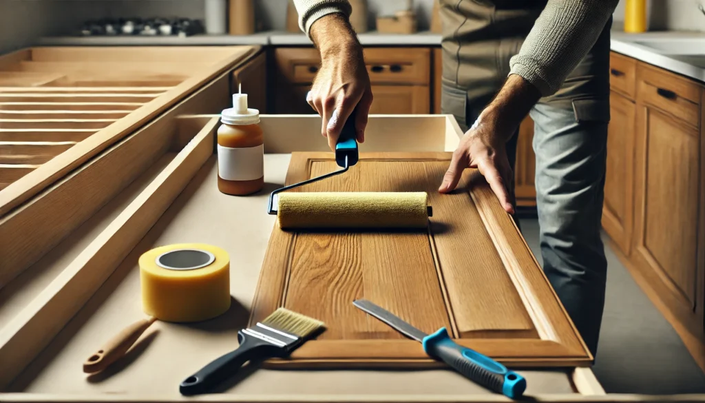 Close-up of hands applying a wood veneer to a cabinet door during the refacing process.