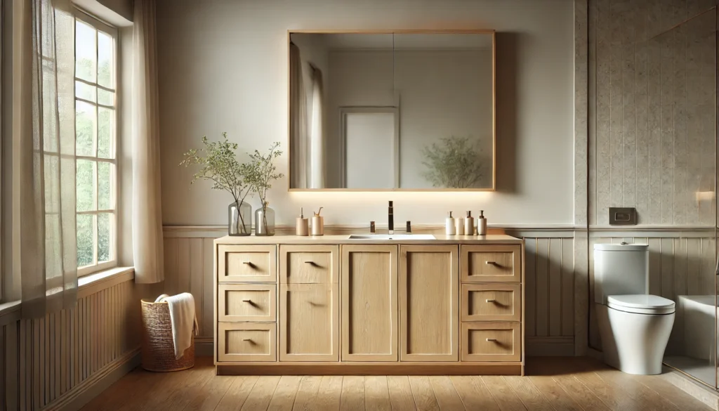 Bathroom vanity with refaced cabinets in a light oak finish, featuring modern hardware and a polished countertop.