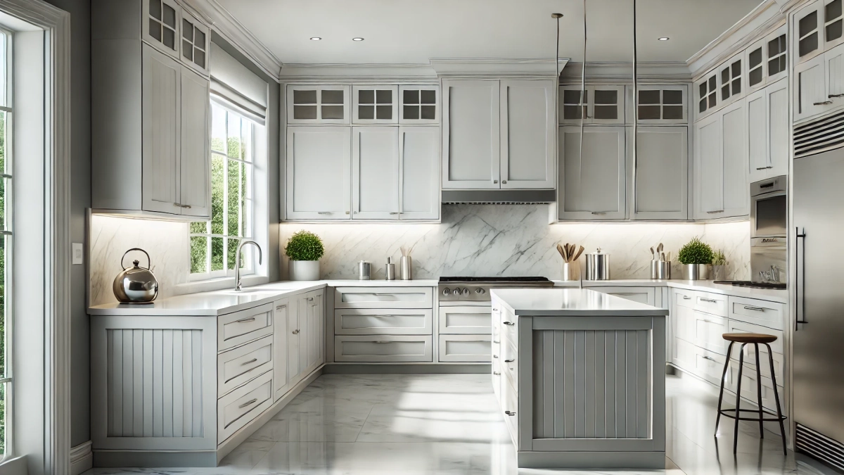 Modern kitchen with refaced cabinets featuring sleek white veneers and updated stainless-steel hardware.