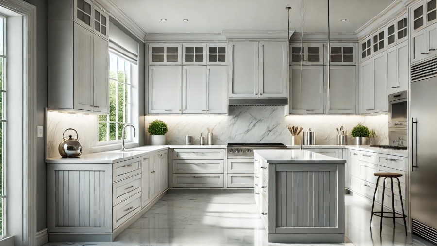 Modern kitchen with refaced cabinets featuring sleek white veneers and updated stainless-steel hardware.