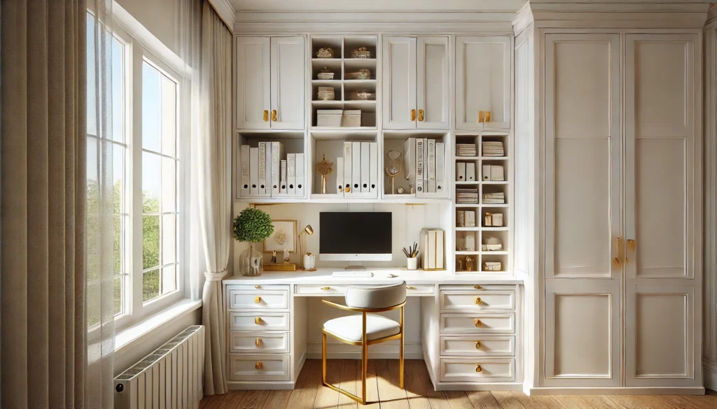 Compact home office with premium white cabinets, gold hardware, and built-in shelves for an organized workspace.