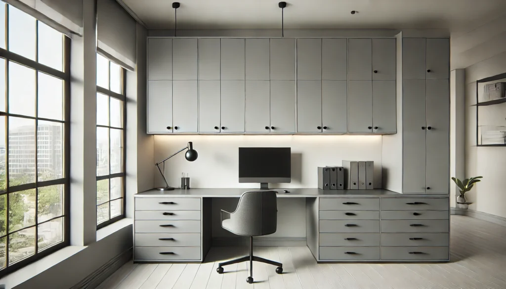 Minimalist office with premium gray cabinets, soft-close drawers, and matte black hardware paired with a white desk.