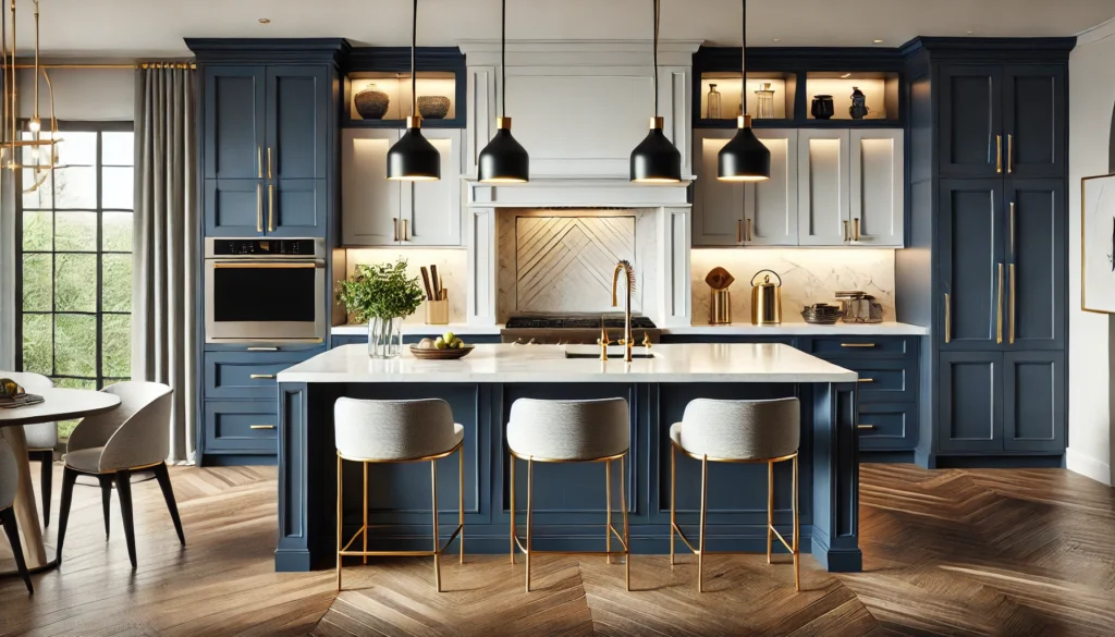 Modern kitchen island with navy blue base cabinets, quartz countertop, and gold hardware.