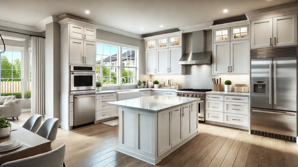 Modern kitchen with upgraded white cabinets, a quartz island, and stainless steel appliances.