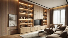 Modern living room with custom-built cabinets featuring open shelving and hidden compartments.