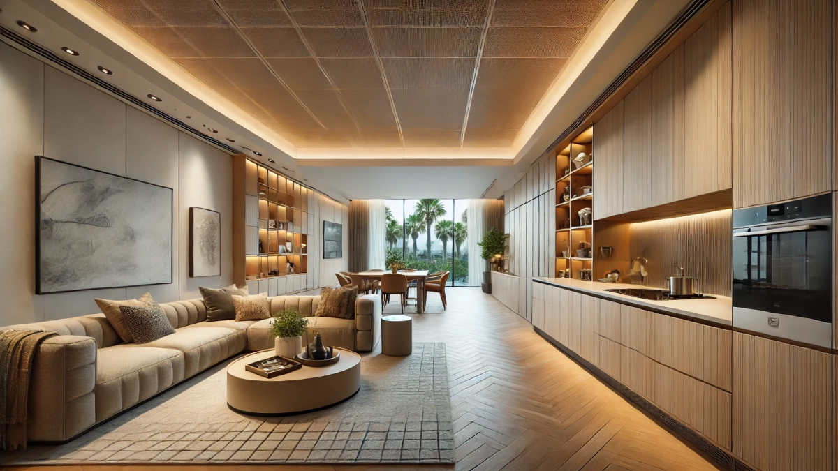 A modern open-concept living space with custom cabinets defining the kitchen and living areas.