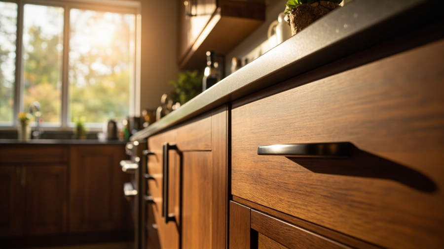 A modern kitchen showcasing partially refaced cabinets on one side and entirely new cabinets on the other, with warm natural lighting.