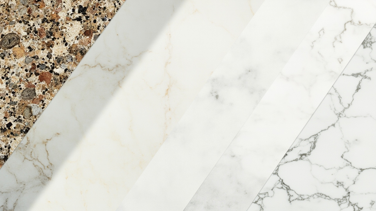 Top-down view of kitchen countertop materials showing granite, quartz, and marble with texture and color labels, shot with Canon EOS R10.