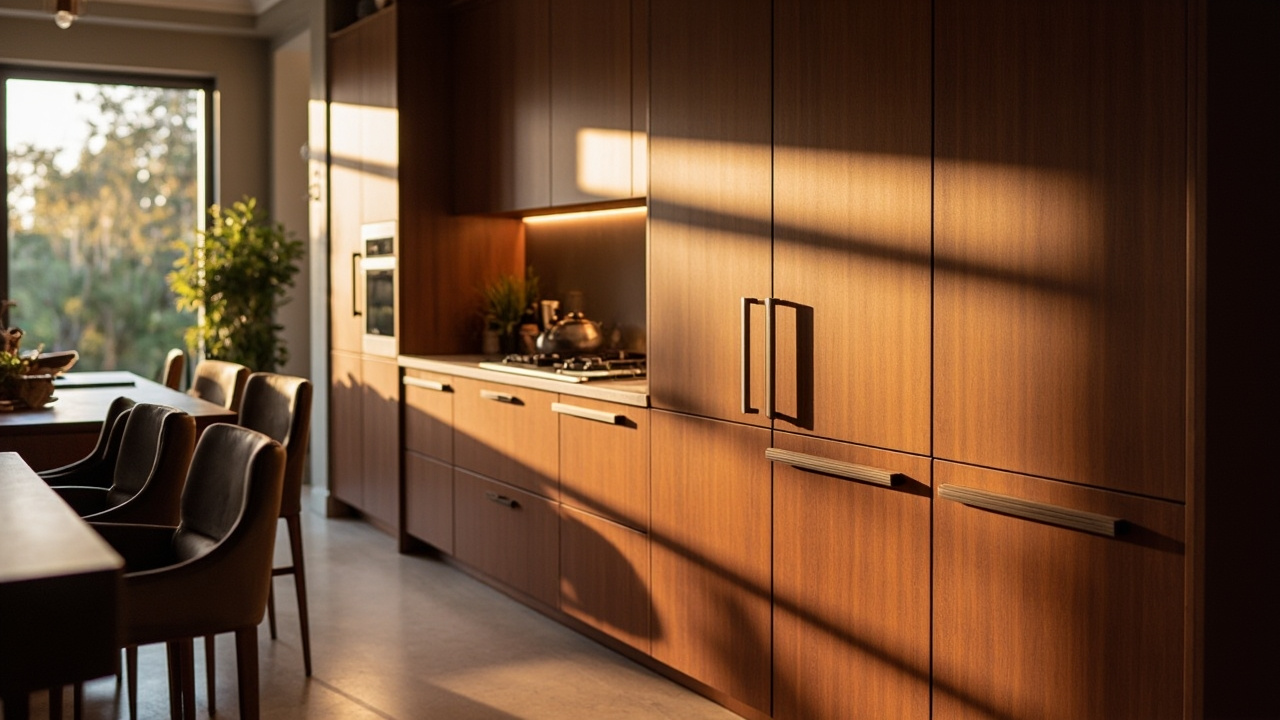A beautifully custom-designed kitchen in a Houston home featuring modern cabinetry with soft-close drawers and ambient lighting, seen on a sunny day.