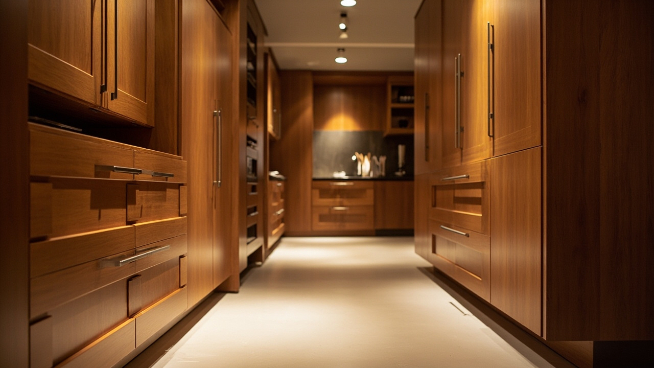 An elegant showroom showcasing custom cabinets by Evita Cabinets, highlighting the polished wood and meticulous detail in the cabinet finishes, photographed with the Hasselblad X2D 100C.