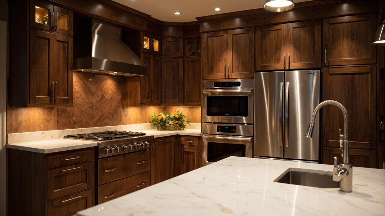 A modern kitchen featuring custom cabinets and strategic lighting setups, including under-cabinet lighting and pendant lights, captured in a cozy evening setting.