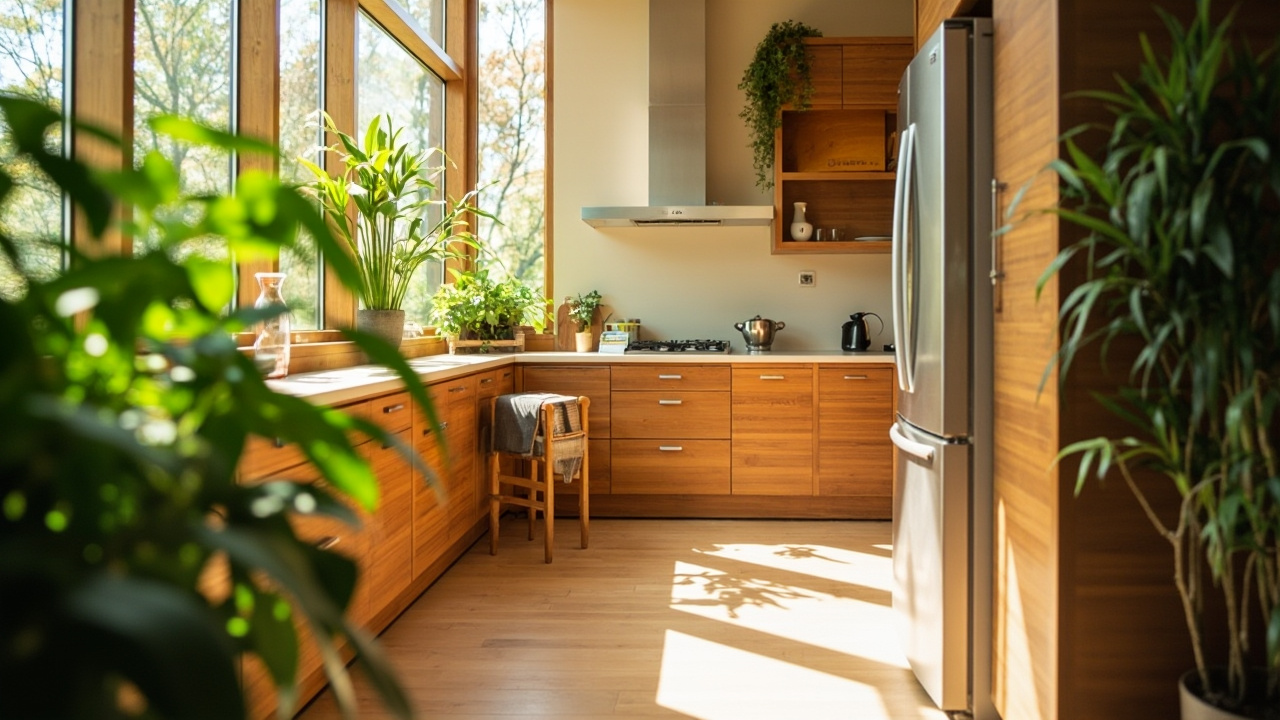 Warm and inviting kitchen showcasing eco-friendly custom bamboo cabinets and indoor plants, captured in natural light using Canon EOS R10.