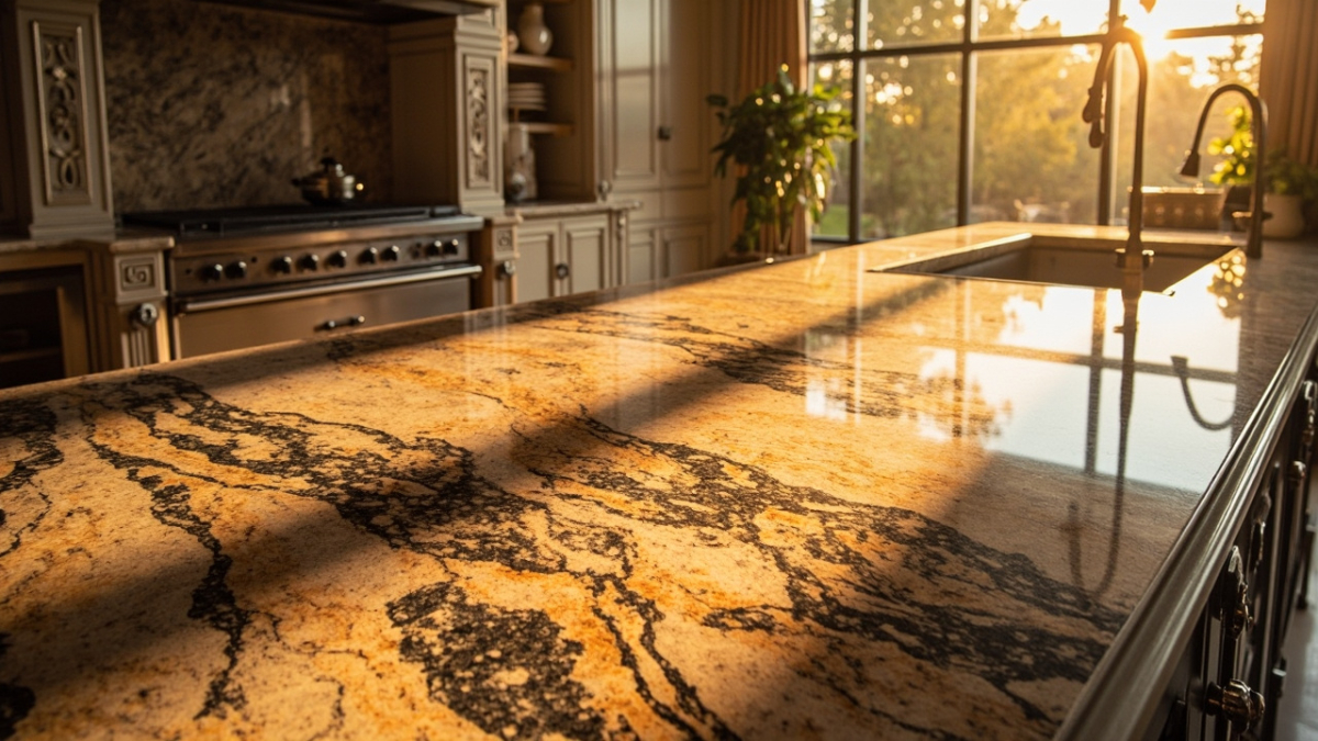 Close-up of a luxurious kitchen with granite countertops, showcasing intricate natural patterns and textures, under warm natural sunlight.