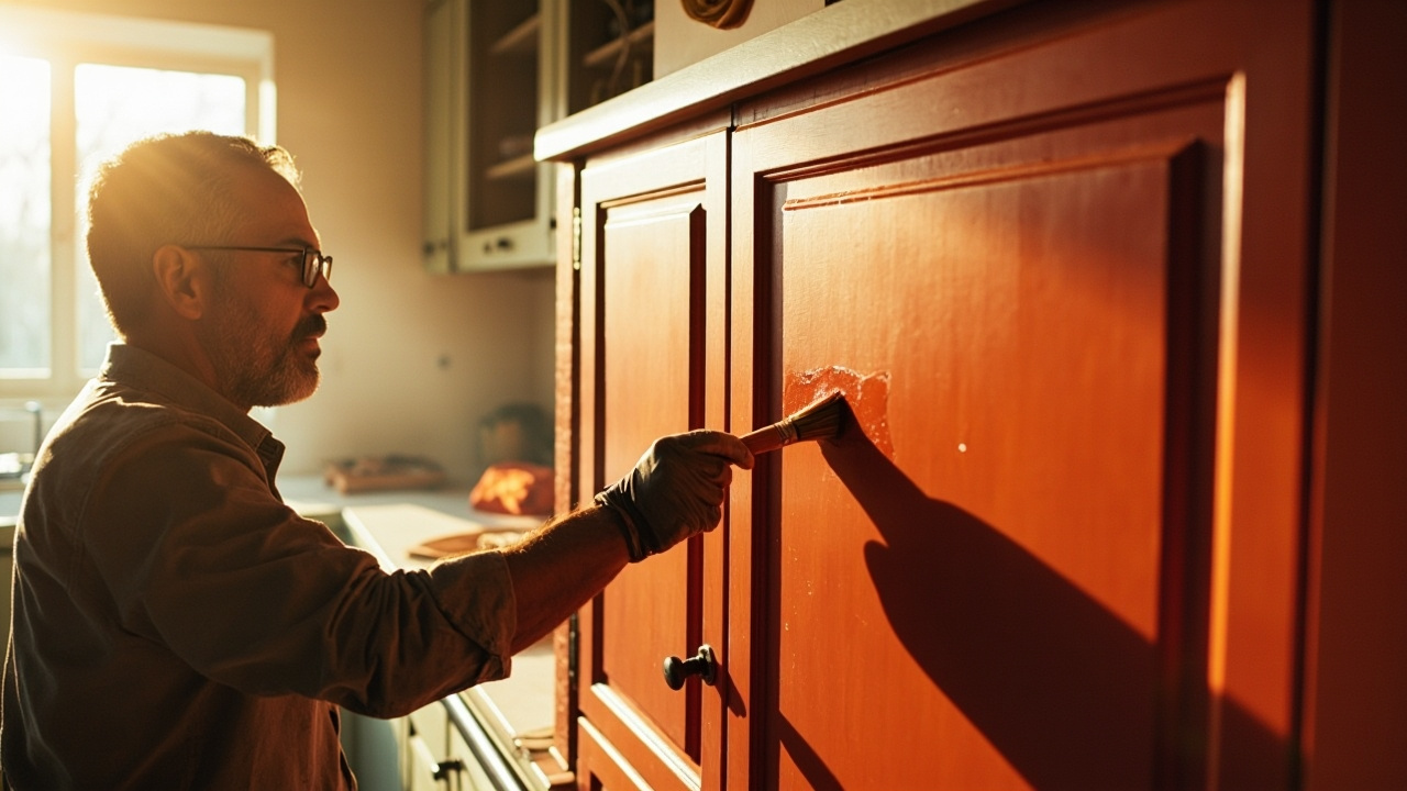A craftsman applies fresh paint to kitchen cabinet doors, highlighting kitchen cabinets undergoing affordable upgrades.