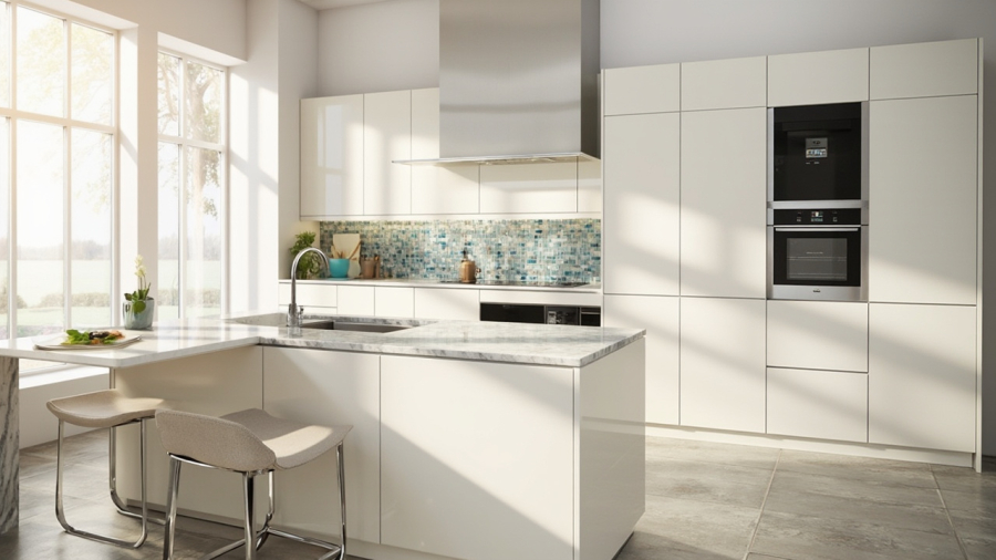 A bright and airy modern kitchen showcasing luxurious materials and sleek cabinetry, ideal for understanding kitchen remodel price.