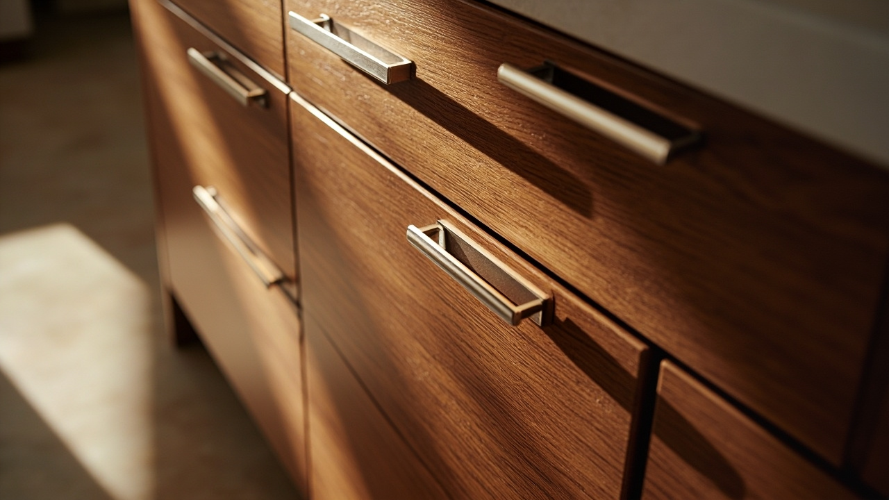 A detailed close-up depicting custom cabinets crafted with premium wood and elegant metal finishes, exemplifying luxury appliances and high-end kitchen design.