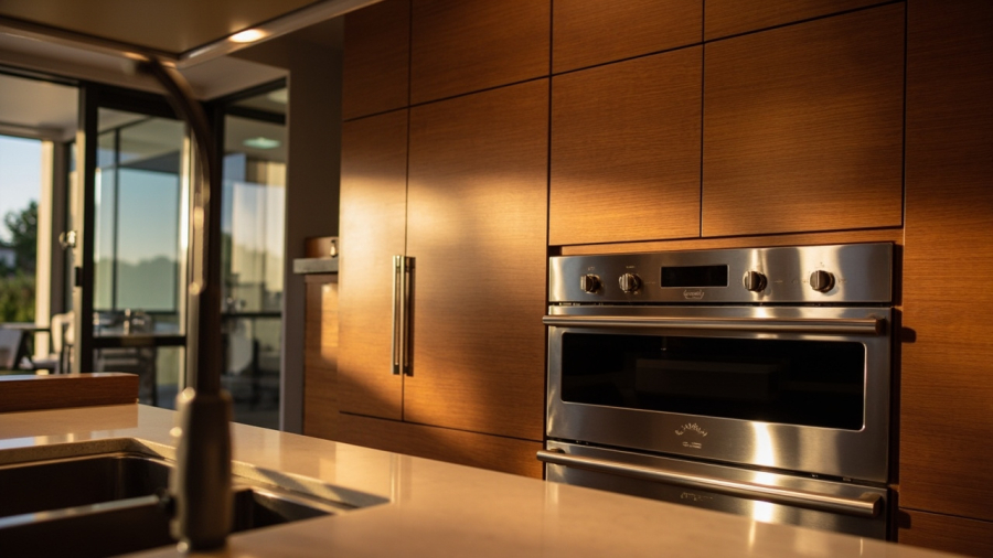 A modern luxury kitchen featuring high-end stainless steel appliances integrated with custom wooden cabinetry, captured with warm ambient lighting.