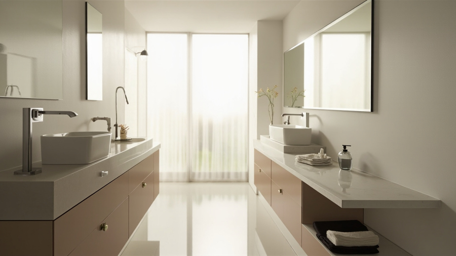 A contemporary bathroom featuring sleek, modern cabinets with a minimalist design by Evita Cabinets, illuminated by natural sunlight.