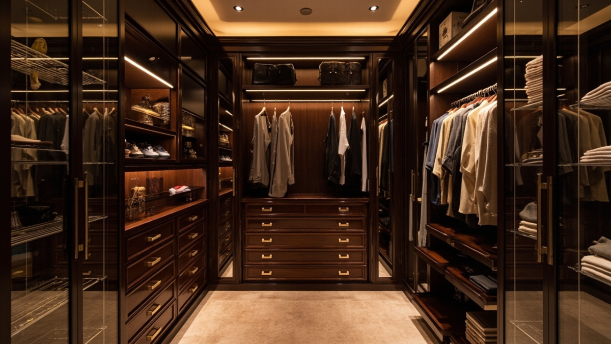 An elegant walk-in closet featuring custom cabinets, neatly organized clothes, and subtle, warm lighting.